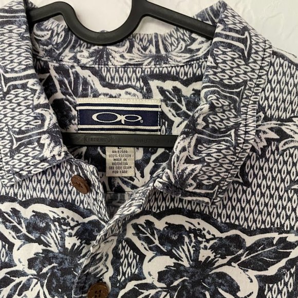 Vintage OP Hawaiian Print Button Down Shirt - Dark Blue Print on White (Large) - Picture 2 of 5
